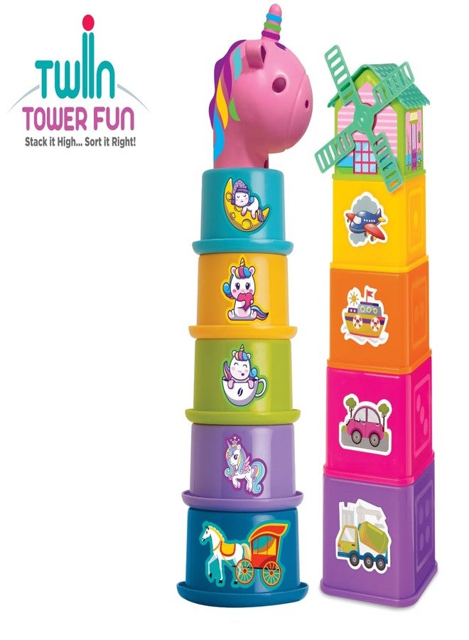 toymate Twin Tower Fun Educational Stacking Blocks and Cup Set, Unicorn Theme, Multi-Colour Building Blocks with Windmill Tower - Image 3